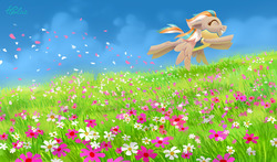 Size: 1280x754 | Tagged: safe, artist:holivi, oc, oc only, pegasus, pony, clothes, cloud, commission, digital art, eyes closed, female, floppy ears, flower, flower field, flying, grass, happy, mare, signature, sky, smiling, solo, spread wings, uniform, wings, wonderbolt trainee uniform
