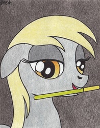 Size: 1620x2065 | Tagged: safe, artist:aracage, derpy hooves, pony, g4, bedroom eyes, bust, female, floppy ears, food, mare, mouth hold, pocky, portrait, simple background, solo, traditional art