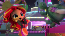 Size: 1920x1080 | Tagged: safe, screencap, sunset shimmer, tank, equestria girls, g4, cute, doll, equestria girls minis, fangirling, fun at the theme park, shimmerbetes, theme park, toy, youtube link