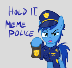 Size: 794x756 | Tagged: safe, artist:earth_pony_colds, oc, oc only, oc:colds, earth pony, pony, :o, clothes, frown, glare, gray background, hat, hoof hold, kek, looking at you, male, meme, meme police, open mouth, police, raised eyebrow, simple background, solo, stallion, text, uniform