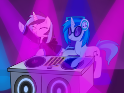 Size: 2000x1500 | Tagged: safe, artist:jagga-chan, dj pon-3, vinyl scratch, oc, oc:electro charge, pony, unicorn, g4, clothes, female, headphones, hoodie, mare, turntable