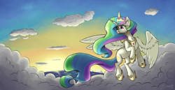 Size: 3860x1986 | Tagged: safe, artist:silverhopexiii, princess celestia, alicorn, pony, g4, cloud, female, flying, mare, ocean, solo, sun