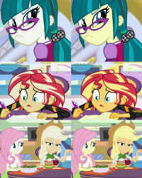 Size: 1080x1350 | Tagged: safe, applejack, fluttershy, juniper montage, sunset shimmer, equestria girls, equestria girls specials, g4, my little pony equestria girls: mirror magic, color error, comparison, discovery family logo