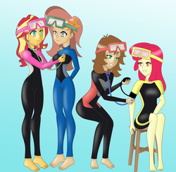 Size: 3111x3039 | Tagged: safe, artist:tigerssunshyn, apple bloom, sunset shimmer, oc, oc:beachcomber, oc:healing touch, equestria girls, g4, barefoot, clothes, commission, equestria girls-ified, feet, goggles, high res, human coloration, listening, scuba gear, sitting, stethoscope, stool