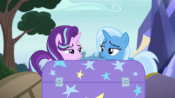 Size: 1920x1080 | Tagged: safe, screencap, starlight glimmer, trixie, pony, unicorn, g4, road to friendship, chest, duo, eye contact, female, lidded eyes, looking at each other, mare, smiling