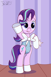 Size: 1537x2330 | Tagged: safe, artist:trackheadtherobopony, starlight glimmer, pony, unicorn, g4, bipedal, blue leotard, bow, clothes, cute, female, glimmerbetes, leotard, missing eyelashes, signature, solo, standing on two hooves, standing up, starlight's leotard, wand