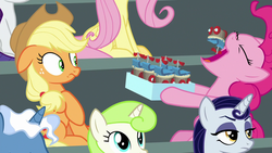 Size: 1280x720 | Tagged: safe, screencap, applejack, fluttershy, minty green, moonlight raven, pinkie pie, pokey pierce, rarity, earth pony, pony, unicorn, g4, the washouts (episode), "scootaloo's super-difficult stunt" special cupcakes, background pony, cupcake, eyes closed, female, food, mare