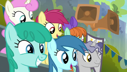 Size: 1280x720 | Tagged: safe, screencap, blue october, blueberry muffin, lucky charm (g4), peppermint goldylinks, spring melody, sprinkle medley, star bright, twinkleshine, pony, g4, the washouts (episode), background pony, friendship student