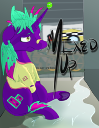 Size: 2975x3850 | Tagged: safe, artist:overlord pony, oc, oc only, oc:mix tape, pony, alley, cover, demiboy, high res, nonbinary, sad, solo, street