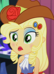 Size: 526x711 | Tagged: safe, screencap, applejack, equestria girls, g4, make up shake up, my little pony equestria girls: summertime shorts, applejack is best facemaker, applejewel, bare shoulders, confused, cropped, eyeshadow, lipstick, makeup, open mouth, raised eyebrow, sleeveless, strapless
