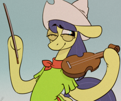 Size: 1500x1250 | Tagged: safe, artist:tigra0118, fiddlesticks, earth pony, pony, g4, apple family member, background pony, clothes, female, fiddle, mare, musical instrument, solo