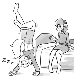 Size: 874x905 | Tagged: safe, artist:whatsapokemon, oc, oc only, oc:coral, oc:historia, earth pony, anthro, anthro oc, bed, clothes, cover, duo, duo female, eyes closed, female, glasses, grayscale, implied lesbian, implied shipping, monochrome, open mouth, pillow, shorts, skirt, sweater, zzz