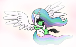 Size: 2480x1551 | Tagged: safe, artist:banebuster, princess celestia, oc, oc:anon, oc:anon stallion, alicorn, pony, g4, anonymous, belly button, bronybait, cuddling, cute, cutelestia, embrace, eyes closed, female, glowing, happy, hnnng, hug, love, male, mare, missing accessory, momlestia, question mark, simple background, snuggling, soft, spread wings, stallion, warm, wings