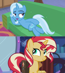 Size: 1280x1440 | Tagged: safe, edit, edited screencap, screencap, sunset shimmer, trixie, pony, unicorn, equestria girls, equestria girls specials, g4, my little pony equestria girls: mirror magic, road to friendship, color error, couch, draw me like one of your french girls, female, lesbian, looking back, mare, prone, ship:suntrix, shipping