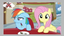 Size: 1423x809 | Tagged: safe, edit, edited screencap, editor:leonidus, screencap, fluttershy, rainbow dash, flutter brutter, g4, offscreen character, pov, restaurant, shipping, table, third wheel, thought bubble