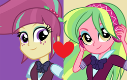 Size: 2610x1638 | Tagged: safe, artist:themexicanpunisher, lemon zest, sour sweet, equestria girls, g4, my little pony equestria girls: friendship games, clothes, crystal prep academy uniform, female, freckles, headphones, heart, lesbian, school uniform, ship:lemonsweet, shipping