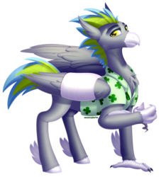 Size: 2466x2712 | Tagged: safe, artist:meowcephei, oc, oc only, oc:malus fortuna, classical hippogriff, hippogriff, bandage, bandaged wing, broken wing, clothes, commission, high res, injured, male, shirt, simple background, solo, transparent background