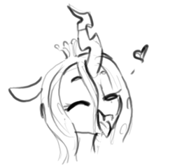 Size: 366x352 | Tagged: safe, artist:dimfann, queen chrysalis, changeling, changeling queen, pony, g4, female, grayscale, happy, heart, monochrome, sketch, smiling, solo, tongue out
