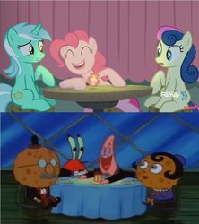 Size: 843x948 | Tagged: safe, edit, edited screencap, screencap, bon bon, lyra heartstrings, pinkie pie, sweetie drops, earth pony, pony, g4, season 8, the maud couple, comparison, culture shock, harold squarepants, laughing, male, margaret squarepants, mr. krabs, patrick star, spongebob squarepants, table