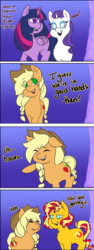 Size: 435x1156 | Tagged: safe, artist:nichroniclesvsart, applejack, rarity, sunset shimmer, twilight sparkle, alicorn, pony, series:princess sciset, g4, alternate hairstyle, grammar error, human pony applejack, human pony rarity, starry eyes, twilight sparkle (alicorn), wingding eyes