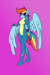 Size: 800x1200 | Tagged: safe, alternate version, artist:da52, derpibooru exclusive, rainbow dash, anthro, g4, clothes, looking at you, simple background, smiling, uniform, wings, wonderbolts, wonderbolts uniform