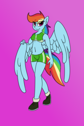 Size: 800x1200 | Tagged: safe, alternate version, artist:da52, derpibooru exclusive, rainbow dash, anthro, g4, belly button, clothes, looking at you, midriff, shoes, sports bra, sports shorts, wings