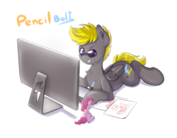Size: 1024x800 | Tagged: safe, artist:tikrs007, pinkie pie, oc, oc:pencil bolt, pegasus, pony, g4, computer, drawing, drawing tablet, glasses, looking at you, lying, male, mane, monitor, prone, simple background, solo, stallion, sunglasses, tablet, toy, white background