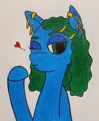 Size: 1095x1337 | Tagged: safe, artist:dice warwick, artist:dice-warwick, oc, oc only, oc:star charter, pony, bedroom eyes, bust, ear piercing, earring, heart, jewelry, one eye closed, piercing, portrait, solo, traditional art, wavy mane, wink