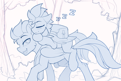 Size: 2100x1404 | Tagged: safe, artist:yakovlev-vad, oc, oc only, pegasus, pony, carrying, digital art, duo, eyes closed, female, male, mare, patreon, patreon reward, saddle bag, sketch, sleeping, smiling, stallion, walking, zzz