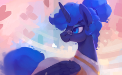 Size: 1100x681 | Tagged: safe, artist:rodrigues404, princess luna, alicorn, pony, g4, abstract background, alternate hairstyle, clothes, digital art, female, glasses, hair bun, mare, short hair, short mane, smiling, solo