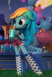 Size: 397x594 | Tagged: safe, screencap, rainbow dash, equestria girls, g4, boots, clothes, cropped, doll, drink, equestria girls minis, female, fun at the theme park, shoes, shorts, toy