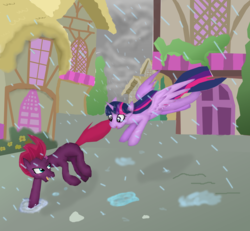 Size: 7896x7296 | Tagged: safe, artist:mr100dragon100, tempest shadow, twilight sparkle, alicorn, pony, g4, absurd resolution, ponyville, rain, running, twilight sparkle (alicorn)