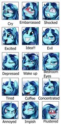 Size: 629x1269 | Tagged: safe, artist:pridark, oc, oc only, oc:urban wave, annoyed, bedroom eyes, coffee, concentrating, crying, depressed, embarrassed, evil, evil smile, excited, expressions, flustered, grin, idea, shock, shocked, shocked expression, smiling, tired, wake up