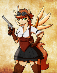 Size: 900x1150 | Tagged: safe, artist:whatsapokemon, oc, oc only, oc:copper wings, anthro, anthro oc, breasts, clothes, female, garter belt, garters, goggles, gun, miniskirt, shirt, skirt, smiling, solo, stockings, thigh highs, thighs, weapon