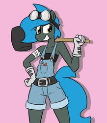 Size: 800x918 | Tagged: safe, artist:whatsapokemon, oc, oc only, oc:jade shine, anthro, anthro oc, belt, clothes, mallet, pink background, simple background, smiling, solo
