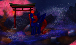 Size: 1500x900 | Tagged: safe, artist:zirconum, oc, oc only, oc:night coder, pegasus, pony, female, hair over one eye, japan, lantern, looking back, mare, paper lantern, rock, solo, tree, water, wings, ych result