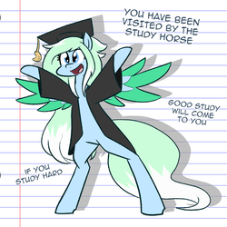 Size: 848x848 | Tagged: safe, artist:whatsapokemon, oc, oc only, oc:amaranthine sky, pegasus, pony, clothes, female, graduation, graduation cap, hat, mare, open mouth, shirt, solo, study, you have been visited by