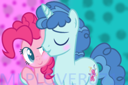 Size: 803x533 | Tagged: safe, artist:mlplover0711, party favor, pinkie pie, g4, abstract background, base used, blushing, colored pupils, eyes closed, female, hug, male, ship:partypie, shipping, side hug, straight, watermark
