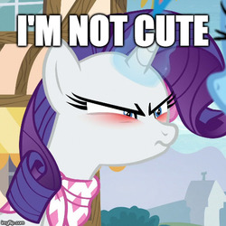 Size: 500x499 | Tagged: safe, edit, edited screencap, screencap, rarity, pony, unicorn, g4, the end in friend, blatant lies, blushing, cropped, cute, denial, denial's not just a river in egypt, female, i'm not cute, image macro, mare, meme, raribetes, solo focus