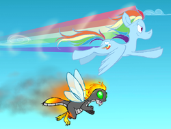 Size: 1024x768 | Tagged: safe, artist:azulmimi99, rainbow dash, pony, g4, buzz (neopets), crossover, female, fire, flying, neopets, rainbow, smoke, solo