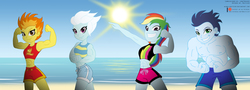 Size: 2496x900 | Tagged: safe, artist:niban-destikim, fleetfoot, rainbow dash, soarin', spitfire, equestria girls, equestria girls series, g4, abs, armpits, beach, belly button, biceps, clothes, commission, equestria girls-ified, fitfire, fleetflex, flexing, looking at you, muscles, partial nudity, rainbuff dash, sand, shorts, showing off, smiling, soaripped, sports bra, sun, topless, wonderbolts