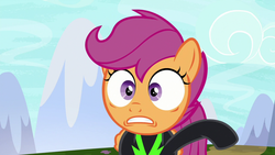 Size: 1280x720 | Tagged: safe, screencap, scootaloo, pegasus, pony, g4, the washouts (episode), clothes, concerned, female, solo, sudden realization, uniform, washouts uniform