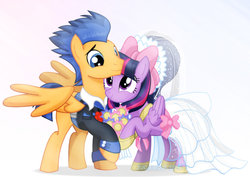 Size: 1600x1131 | Tagged: safe, artist:jucamovi1992, flash sentry, twilight sparkle, alicorn, pegasus, pony, g4, 2018, alternate hairstyle, alternate timeline, alternate universe, awesome, bouquet of flowers, boutonnière, bow, bride, clothes, couple, cute, daaaaaaaaaaaw, dress, engagement, female, flower, groom, love, male, mare, marriage, pocket square, red bow, ship:flashlight, shipping, simple background, smiling, stallion, straight, suit, twiabetes, twilight sparkle (alicorn), veil, wedding, wedding dress, wedding suit, wedding veil, white background
