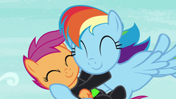 Size: 1280x720 | Tagged: safe, screencap, rainbow dash, scootaloo, pegasus, pony, g4, the washouts (episode), ^^, clothes, cute, duo, eyes closed, female, filly, flying, foal, mare, scootalove, uniform, washouts uniform