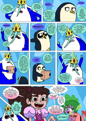 Size: 800x1133 | Tagged: safe, artist:imbriaart, spike, bird, dragon, penguin, comic:magic princess war, g4, adventure time, comic, crossdressing, crossover, disguise, gunter (adventure time), ice king, male, marco diaz, star vs the forces of evil