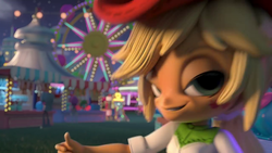Size: 1280x720 | Tagged: safe, screencap, applejack, equestria girls, g4, creepy, doll, equestria girls minis, female, fun at the theme park, nightmare fuel, scary, smiling, smirk, solo, toy, uncanny valley