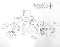 Size: 1280x997 | Tagged: safe, artist:tjpones, ork, pony, armor, dialogue, ear piercing, earring, eye scar, jewelry, lineart, monochrome, piercing, ponified, scar, simple background, spiked wristband, traditional art, turret, warhammer (game), warhammer 40k, wristband