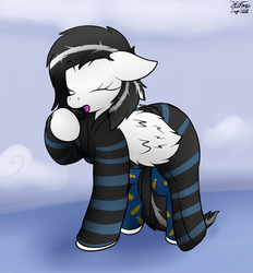Size: 1079x1162 | Tagged: safe, artist:the-furry-railfan, oc, oc only, oc:blitzy, bed mane, clothes, cloud house, helium tank, lazy, morning, pajamas, robe, wings, yawn