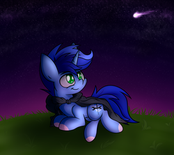 Size: 2800x2500 | Tagged: safe, artist:nekro-led, oc, oc only, oc:willow, pony, unicorn, cloak, clothes, cutie mark, high res, shooting star, stars, sunset
