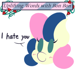 Size: 1400x1300 | Tagged: safe, artist:dragonpone, derpibooru exclusive, bon bon, sweetie drops, earth pony, pony, g4, blushing, bon bon is not amused, bust, dialogue, female, i hate you, insult, lineless, mare, portrait, simple background, smiling, solo, transparent background, unamused